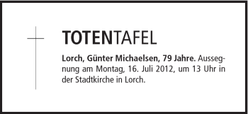 Traueranzeige von Günter Miachaelsen von Gmünder Tagespost