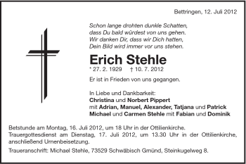 Traueranzeige von Erich Stehle von Gmünder Tagespost