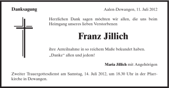 Traueranzeige von Franz Jillich von Schwäbische Post