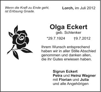 Traueranzeige von Olga Eckert von Gmünder Tagespost