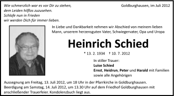 Traueranzeige von Heinrich Schied von Schwäbische Post