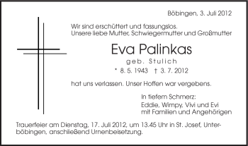 Traueranzeige von Eva Palinkas von Gmünder Tagespost
