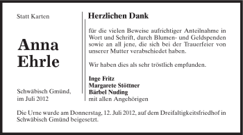 Traueranzeige von Anna Ehrle von Gmünder Tagespost