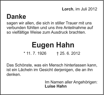 Traueranzeige von Eugen Hahn von Gmünder Tagespost