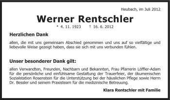 Traueranzeige von Werner Rentshler von Gmünder Tagespost