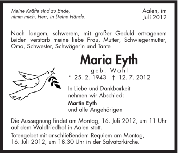 Traueranzeige von Maria Eyth von Schwäbische Post