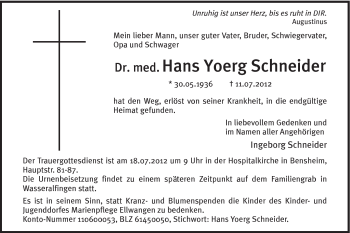 Traueranzeige von Hans Yoerg Schneider von Schwäbische Post
