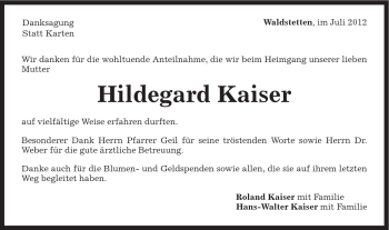 Traueranzeige von Hildegard Kaiser von Gmünder Tagespost