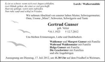 Traueranzeige von Gertrud Gunser von Gmünder Tagespost