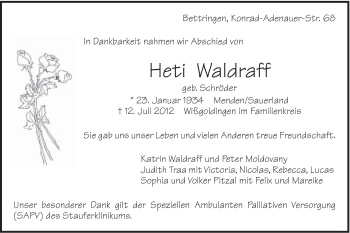 Traueranzeige von Heti Waldraff von Gmünder Tagespost