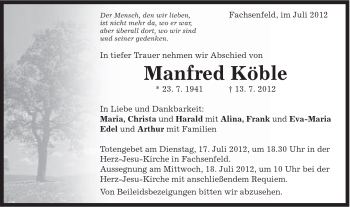 Traueranzeige von Manfred Köble von Schwäbische Post