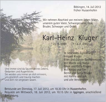 Traueranzeige von Karl-Heinz Kluger von Gmünder Tagespost
