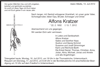 Traueranzeige von Alfons Kratzer von Schwäbische Post