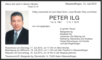 Traueranzeige von Peter Ilg von Schwäbische Post