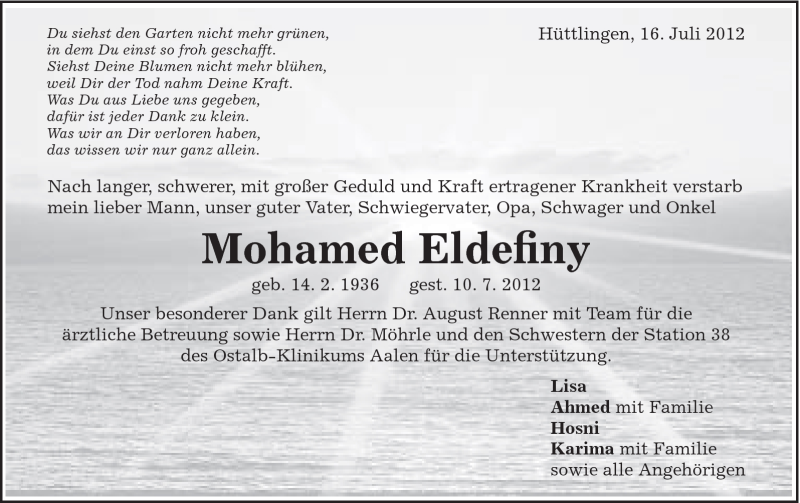  Traueranzeige für Mohamed Eldefiny vom 16.07.2012 aus Schwäbische Post