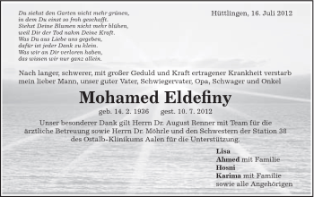 Traueranzeige von Mohamed Eldefiny von Schwäbische Post