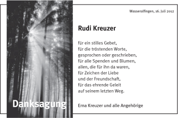 Traueranzeige von Rudi Kreuzer von Schwäbische Post