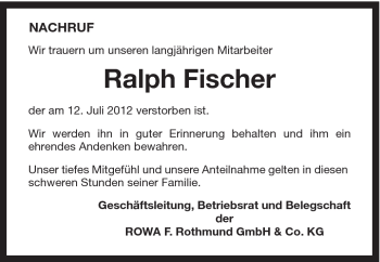 Traueranzeige von Ralph Fischer von Schwäbische Post