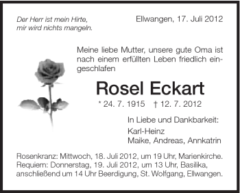 Traueranzeige von Rosel Eckart von Schwäbische Post
