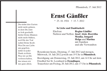 Traueranzeige von Ernst Gänßler von Schwäbische Post