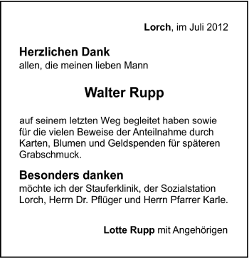 Traueranzeige von Walter Rupp von Gmünder Tagespost