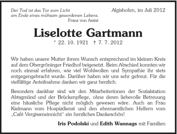 Traueranzeige von Liselotte Gartmann von 088