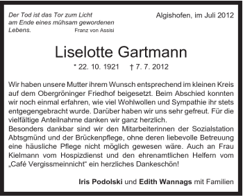 Traueranzeige von Liselotte Gartmann von Gmünder Tagespost