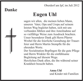 Traueranzeige von Eugen Uhl von Schwäbische Post