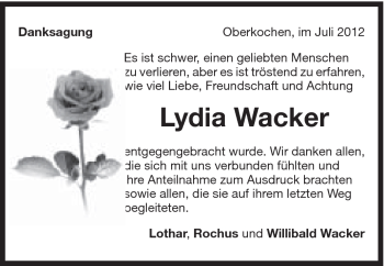 Traueranzeige von Lydia Wacker von Schwäbische Post