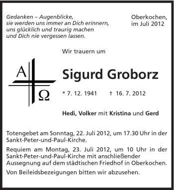 Traueranzeige von Sigurd Groborz von Schwäbische Post