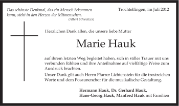 Traueranzeige von Marie Hauk von Schwäbische Post