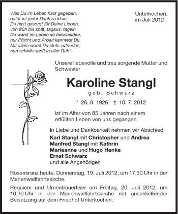 Traueranzeige von Karoline Stangl von Schwäbische Post