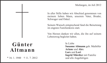 Traueranzeige von Günter Altmann von Gmünder Tagespost