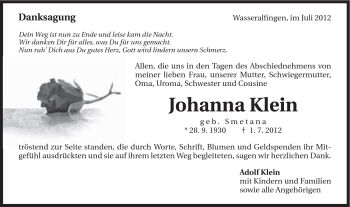 Traueranzeige von Johanna Klein von Schwäbische Post