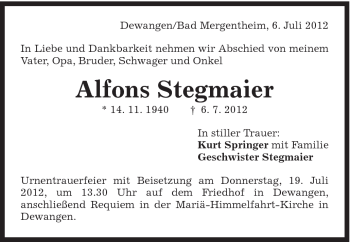 Traueranzeige von Alfons Stegmaier von Schwäbische Post