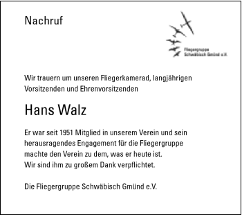 Traueranzeige von Hans Walz von Gmünder Tagespost
