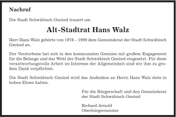Traueranzeige von hans Walz von Gmünder Tagespost