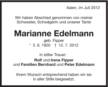 Traueranzeige von Marianne Edelmann von Schwäbische Post