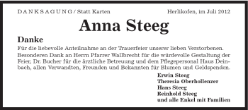 Traueranzeige von Anna Steeg von Gmünder Tagespost