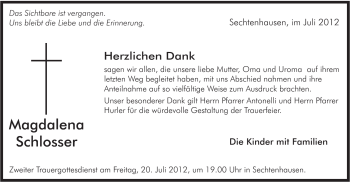 Traueranzeige von Magdalena Schlosser von Schwäbische Post