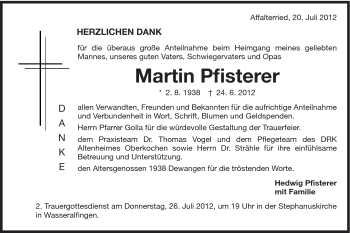 Traueranzeige von Martin Pfisterer von Schwäbische Post
