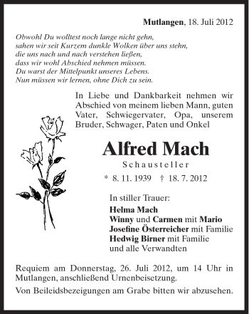 Traueranzeige von Alfred Mach von Gmünder Tagespost