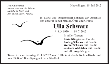 Traueranzeige von Ulla Schwarz von Gmünder Tagespost