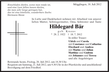Traueranzeige von Hildegard Bär von Gmünder Tagespost