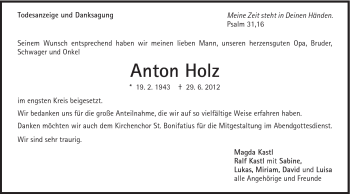 Traueranzeige von Anton Holz von Schwäbische Post
