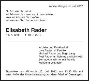 Traueranzeige von Elisabeth Rader von Schwäbische Post