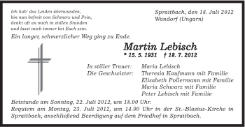 Traueranzeige von Martin Lebisch von Gmünder Tagespost