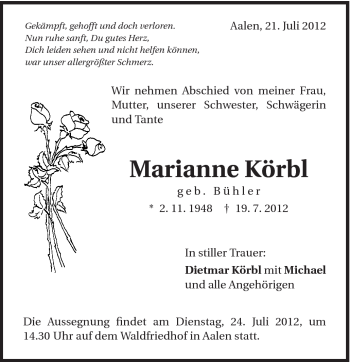 Traueranzeige von Marianne Körbl von Schwäbische Post