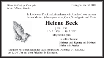 Traueranzeige von Helene Beck von Schwäbische Post