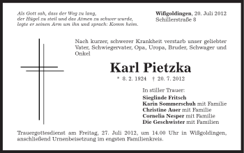 Traueranzeige von Karl Pietzka von Gmünder Tagespost